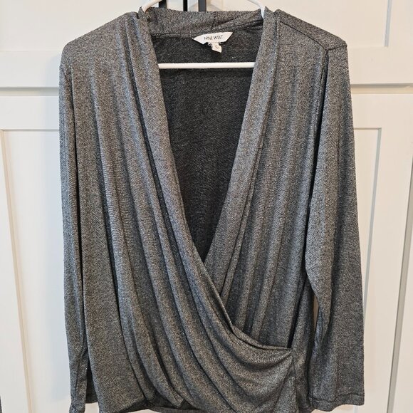 Nine West Silver Blouse Wrap Drape Metallic Shimmer Sheer Dressy XL 1X - Picture 1 of 6